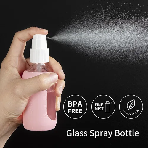 Vista 3 de HOMBYS Botellas pequeñas vacías de vidrio transparente de 2 onzas con protección de funda de silicona, recipientes recargables para viajes