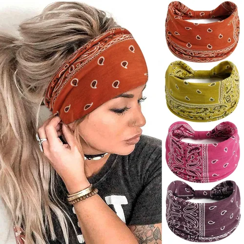 Vista 20 de FULZTEY Diademas Boho para mujer, diademas elásticas vintage con estampado de tela, banda de pelo anudada ancha, bandas de pelo suaves de algodón