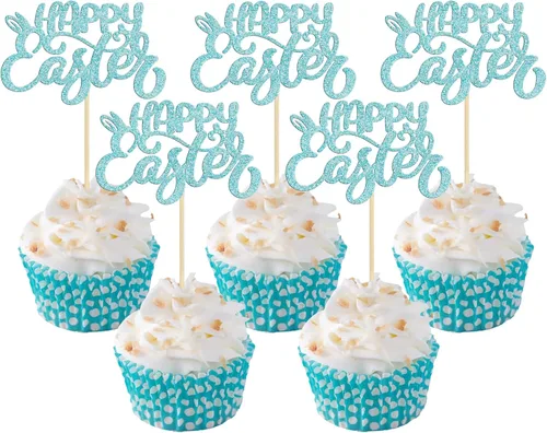 24 piezas de adornos para cupcakes de Pascua – Palillos de orejas de conejo con purpurina azul – Decoraciones para el tema del día de Pascua, baby