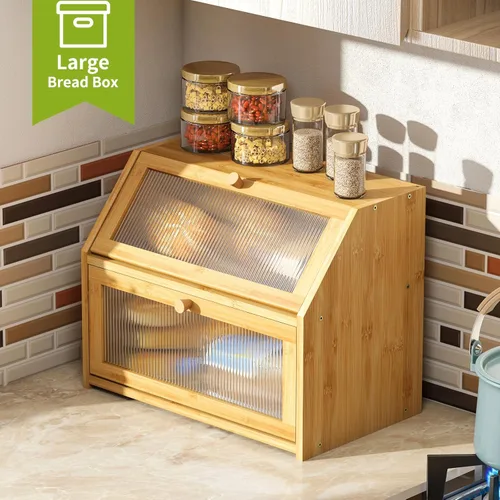 Vista 4 de BMOSU Panera grande para encimera de cocina, panera de doble capa para encimera de cocina, panera de madera de bambú con capacidad de almacenamiento