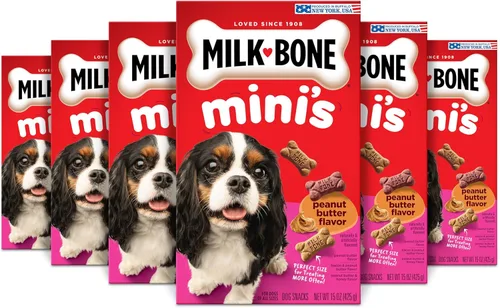 Milk-Bone Mini's - Golosinas para Perros con sabor a mantequilla de maní para Perros de todos los tamaños, 15 onzas (paquete de 6), textura