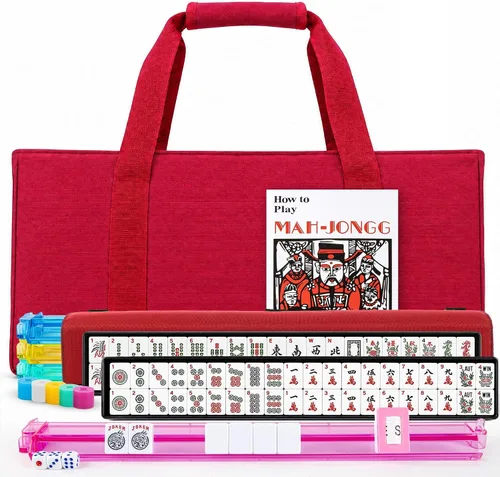 American Mahjong - Juego de 4 jugadores con bolsa de transporte roja, 166 azulejos blancos, 4 colores todo en uno bastidores y empujadores, juego de
