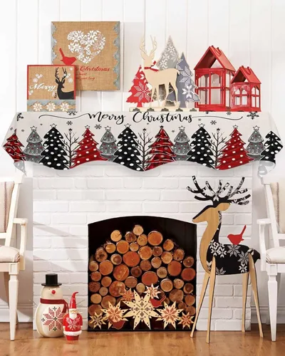 Vista 9 de Daleng Bufanda de repisa de Navidad para chimenea, 60 x 17 pulgadas, muñeco de nieve rojo, bola de Navidad verde, árbol de pino floral, decoración