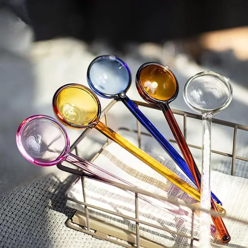 Vista 6 de Cucharas de vidrio para mezclar café de cristal transparente, cucharas de color caramelo, cucharaditas de sal y azúcar, especias, helado, yogur