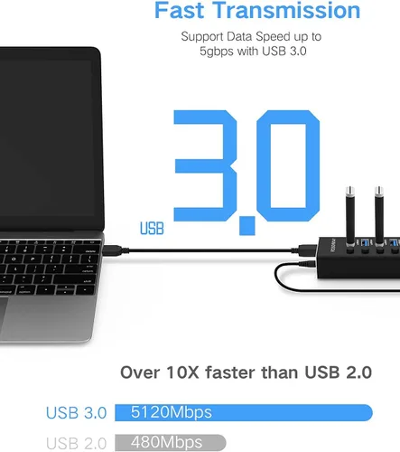 Vista 3 de Hub USB 3.0 alimentado Rosonway de aluminio con 7 puertos USB 3.0 Divisor de datos con adaptador de alimentación de 24W (12V/2A) y interruptores