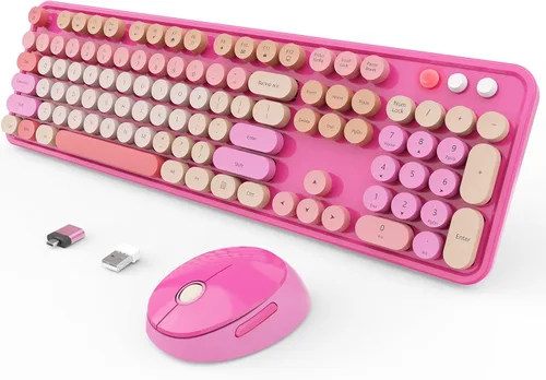 Vista 14 de SkyGive - Combo de teclado y mouse inalámbricos, teclado ergonómico de tamaño completo con diseño retro tipo máquina de escribir, con teclas
