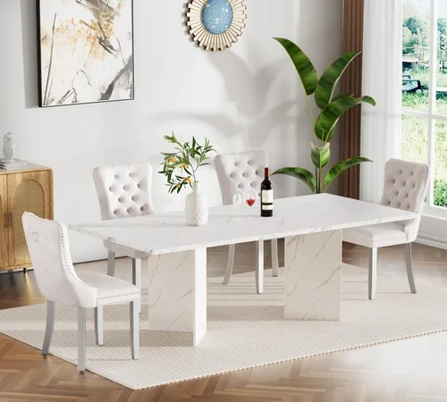 Vista 7 de Mesa de comedor blanca de 62.99 a 78.7 pulgadas para 6, 8 y 10, moderna mesa extensible de cocina de granja, mesas de conferencias ampliables largas