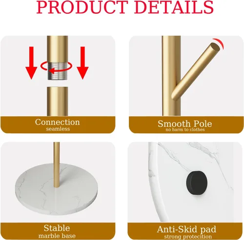 Vista 32 de Percheros de metal dorado, perchero de pie con base pesada, moderno árbol de abrigo con barra transversal y 3 ganchos, percheros de entrada