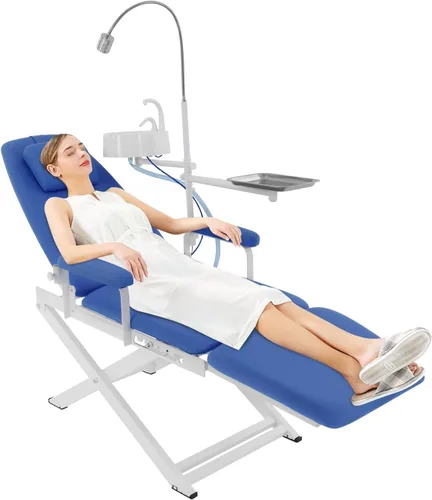 Silla móvil plegable portátil, silla dental profesional con luz LED, altura ajustable y respaldo, escupida giratoria de 360°, sillas dentales
