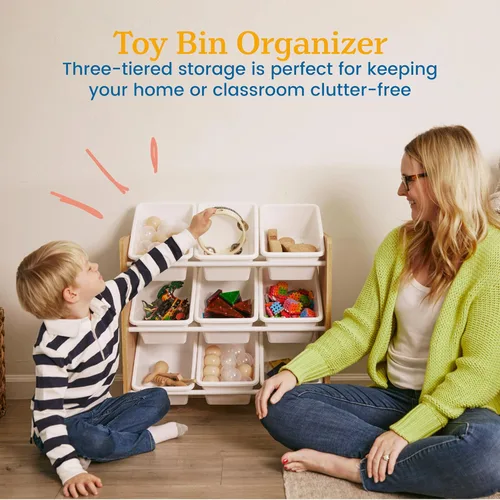 Vista 4 de ECR4Kids Organizador de 3 niveles con 9 cestas, para almacenamiento de juguetes, color natural oscuro/blanco