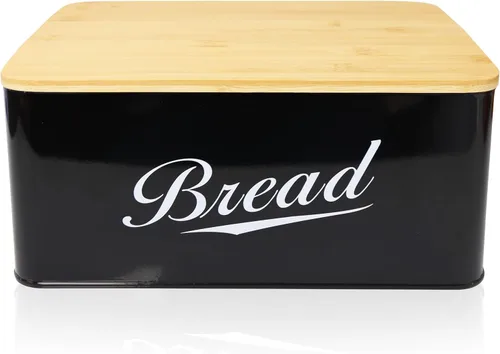 Vista 8 de RoyalHouse Panera moderna de metal con tapa de tabla de cortar de bambú, contenedor de almacenamiento de pan para encimera de cocina, organizador