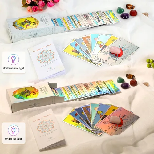 Vista 3 de MagicSeer Barajas de cartas de tarot arcoíris, juegos de cartas de tarot y libros para principiantes, baraja de tarot holográfica