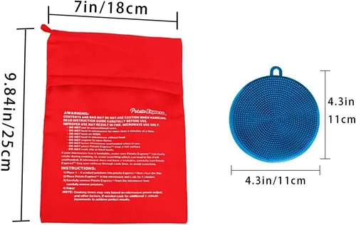 Vista 7 de Kit de bolsa de papas para microondas de alta calidad, con 2 cepillos de silicona para limpiadores de verduras, bolsa de papas horneadas Azul