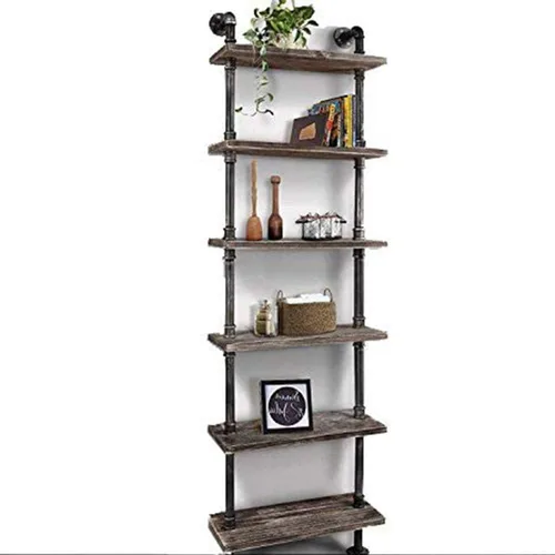 Industrielles Bücherregal, 6 Ebenen, modernes Leiterregal, Holzregal, Ausstellungsregal, Wandmontage, Metallregal, Bücherregal, Vintage Schmiedeeisen