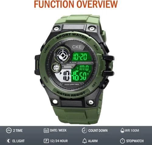 Vista 3 de CKE Reloj digital deportivo para hombre, resistente al agua, reloj despertador LED, cronómetro, reloj electrónico multifunción