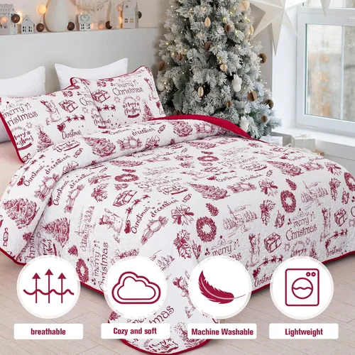Vista 2 de Xruibed Juego de edredón navideño tamaño Queen, con diseño de muñeco de nieve en aldea navideña, colcha con fundas de almohada, edredón rojo