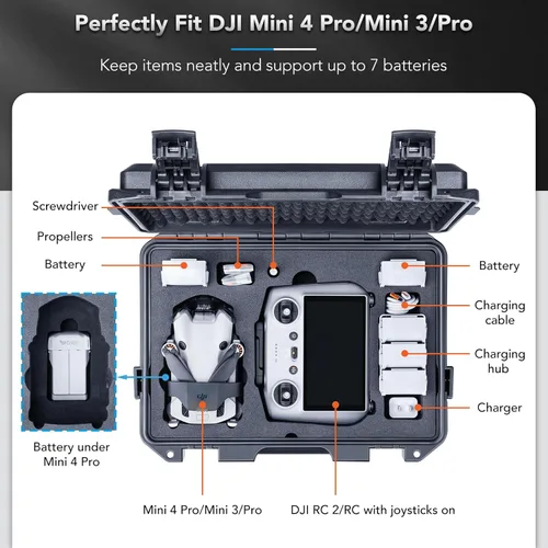 Vista 2 de Lykus Titan MM410 Estuche Rígido Impermeable para DJI Mini 4 Pro/Mini 3/Pro y RC2/RC/RC-N2/N1, Soporte para 7 baterías y cordón RC [ESTUCHE SÓLO]