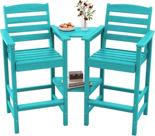 SERWALL: Juego de 2 sillas Adirondack altas con mesa conectada, taburetes de exterior para todo clima, color azul Aruba