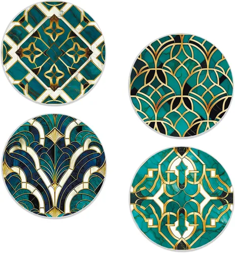 Juego de 4 posavasos de mármol verde, redondos, absorbentes, de cerámica, con base de corcho, bonitos posavasos para decoración del hogar, regalos