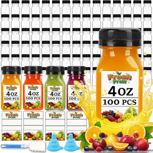 100 mini botellas de plástico para jugo de 4 onzas con tapas, botellas transparentes reutilizables con etiquetas, embudo y cepillo, adecuadas para