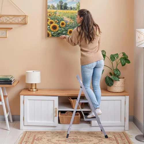 Vista 2 de ZENY Taburete plegable de escalera de 2 escalones con pedal antideslizante ancho, mango conveniente, taburete de acero portátil, escalera de acero