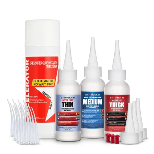 STARBOND CA Glue con Kit Activador – Botellas Delgada, Mediana y Gruesa de 2 oz con Acelerador de 6 oz – Paquete de Superpegamento de Cianoacrilato