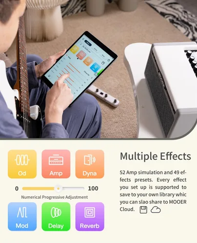 Vista 3 de MOOER Amplificador de guitarra de práctica SD30i, amplificador inteligente portátil, sonido estéreo Bluetooth de 30 W, 5 horas de vida de batería