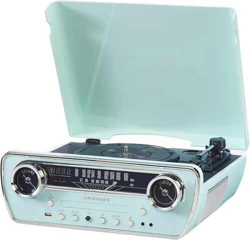 Vista 14 de Crosley CR6047A-AB Powel 7-en-1 Tocadiscos Bluetooth con entrada/salida de vinilo, radio AM/FM, reproductor de CD y entrada auxiliar, Azul Aqua