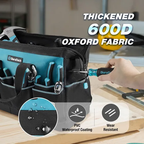 Vista 4 de DURATECH Bolsa de herramientas de 16 pulgadas resistente con fondo duro impermeable, bolsa organizadora de herramientas de boca ancha abierta con 18