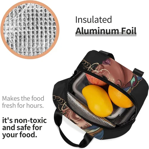 Vista 3 de Fiokroo Bolsa de almuerzo aislada afroamericana para mujer negra, reutilizable, impermeable, bolsa de almuerzo para escuela, trabajo, universidad