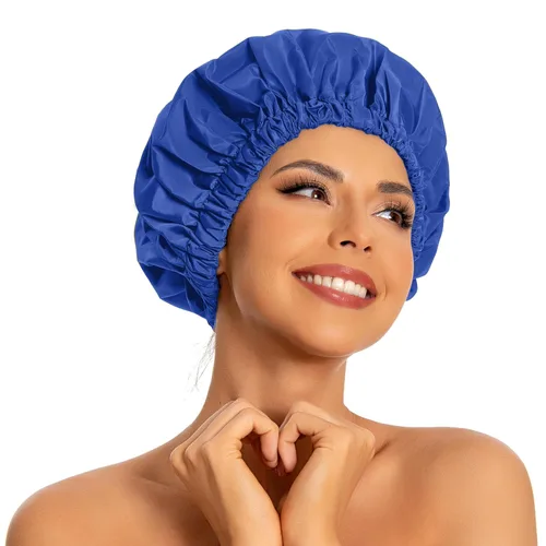 Vista 8 de Gorro de ducha reutilizable para mujer, grande, impermeable, lavable, banda elástica, accesorios de baño, sombrero para cabello largo, trenzas Beige