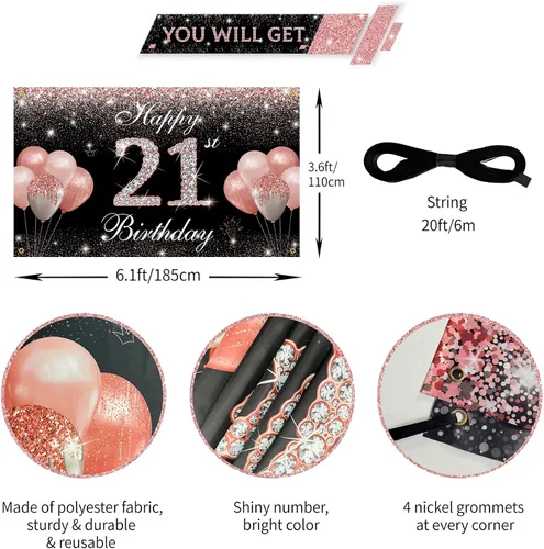 Vista 2 de Decoraciones de 21 cumpleaños para ella, oro rosa, pancarta de fondo de feliz cumpleaños 21, fiesta de cumpleaños de 21 años, accesorios de cabina