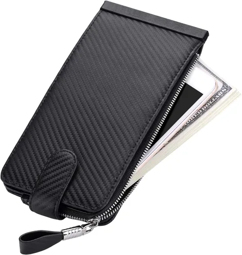 Vista 4 de Huztencor cartera de cuero con bolsillo para tarjeta de crédito bloqueo RFID, billetera, funda para tarjetas para mujer Negro fibra de carbono