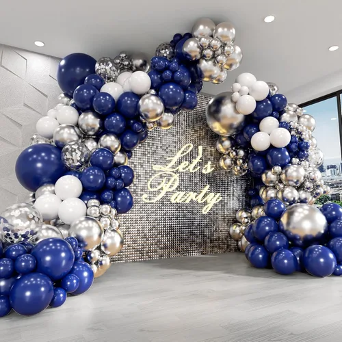 Kit de arco de guirnalda de globos de color azul marino y plateado, globos azul rey metálico plateado y blanco para cumpleaños, baby shower, boda,