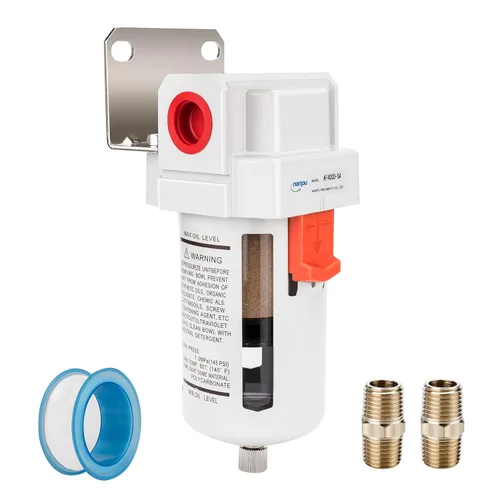 NANPU Filtro de línea de aire comprimido NPT de 1/2", elemento de latón de 5 micrones, soporte, cuenco de polietileno, 145 psi