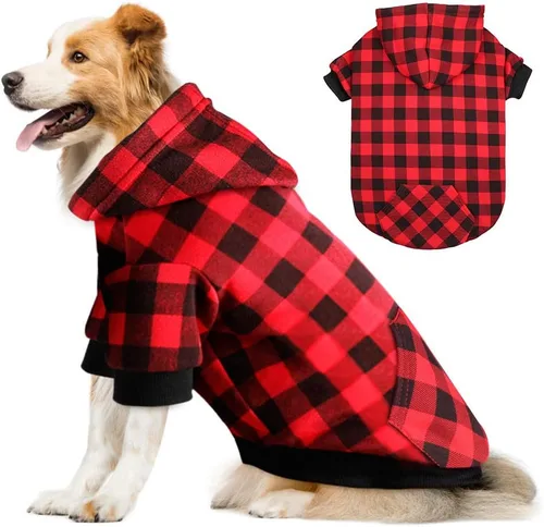 Vista 8 de Sudadera con Capucha a Cuadros Rojos para Perros, Ropa para Mascotas con Capucha y Bolsillo (XS)