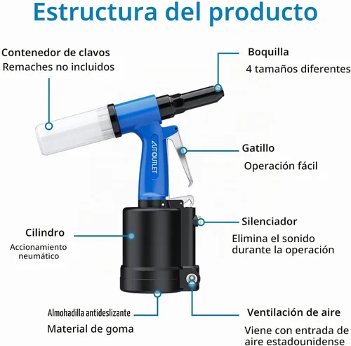 Vista 5 de AUTOUTLET Kit de pistola de remache neumática, remachadora resistente, 4 tamaños, herramienta de remachado hidráulico de aire para campos