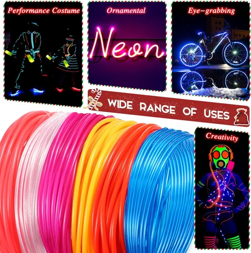 Vista 2 de Meonum Paquete de 6 luces LED de alambre EL de neón de 16 pies, luces LED de 360° para bricolaje, cuerda brillante, funciona