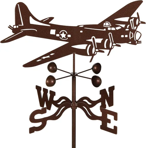 EZ Vane - Veleta de avión biplano, montaje de 4 lados, vasos de viento, acabado de cobre antiguo, acero con revestimiento de polvo triple duradero