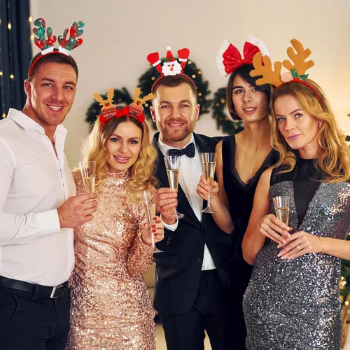 Vista 4 de HOVACY 16 PCS diademas de Navidad, 16 estilos de diademas navideñas rojas, lindas bandas para el cabello con corbata de moño navideña, sombrero