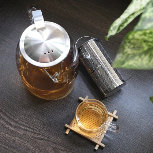 Vista 6 de Tetera con infusor para té suelto, tetera de vidrio para estufa, tetera de vidrio de borosilacato transparente con infusor y tapa, resistente al