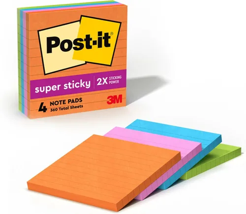 Post-it Notas rayadas súper adhesivas, 4 blocs de notas adhesivas, 4 x 4 pulgadas, suministros escolares, productos de oficina, notas adhesivas para