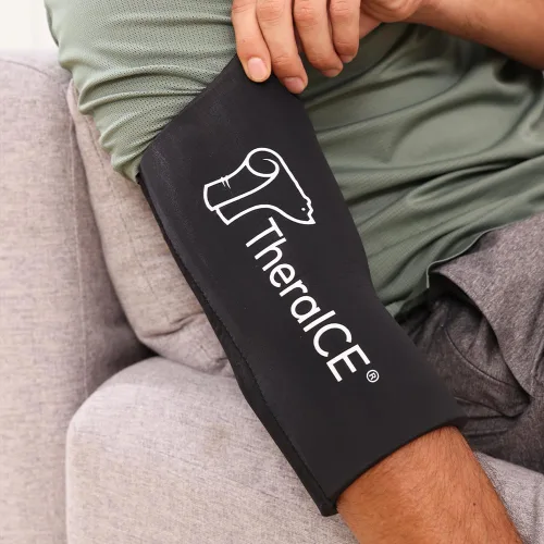 Vista 6 de TheraICE Manga de compresión con bolsa de hielo para codo para lesiones, soporte de compresas frías de gel reutilizable, calambres