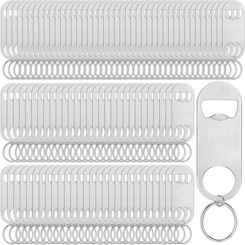 Therwen 100 unidades de abridor de botellas plano de acero inoxidable a granel plateado de 3.5 x 1.3 pulgadas abrebotellas con llavero para hombres