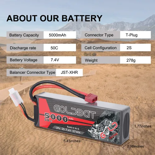 Vista 2 de GOLDBAT 2S Lipo Batería 5000mAh 50C 7.4V Pack Hardcase con T Plug para RC Evader BX Car, Traxxas Slash Buggy RC Truggy RC Avión UAV Drone FPV