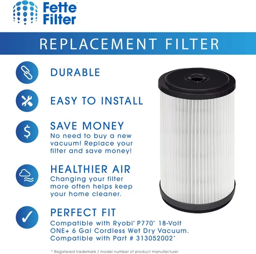 Vista 5 de Fette Filter - Filtro de vacío compatible con Ryobi P770 18-Volt ONE+ 6 Gal Filtro de vacío inalámbrico en seco húmedo Parte # 313052002 y A32RF01N