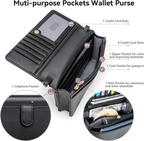 Vista 3 de Bolso bandolera pequeño para mujer con ranuras para tarjetas RFID, 2 correas negro (A- Black)