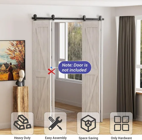 Vista 2 de CCJH Kit de herrajes para puerta corredera de granero plegable de 48 pulgadas para 4 puertas, se desliza suave y silenciosamente, riel negro