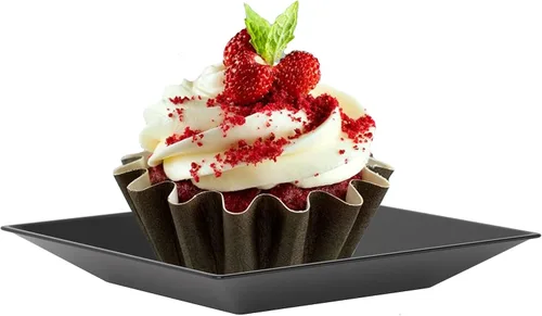 Vista 3 de Exquisite Mini platos desechables para aperitivos, paquete de 100 platos de postre de plástico negro de 2.95 x 2.95 pulgadas, diseño elegante