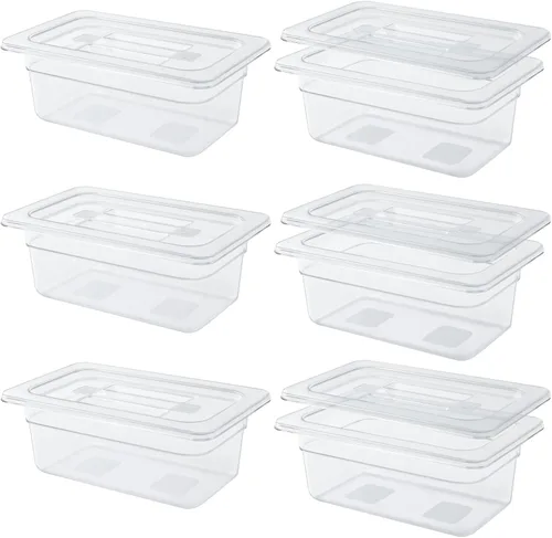 Vista 10 de Paquete de 6 bandejas para alimentos transparentes de 1/2 tamaño de 4 pulgadas de profundidad con tapas, bandejas comerciales para alimentos